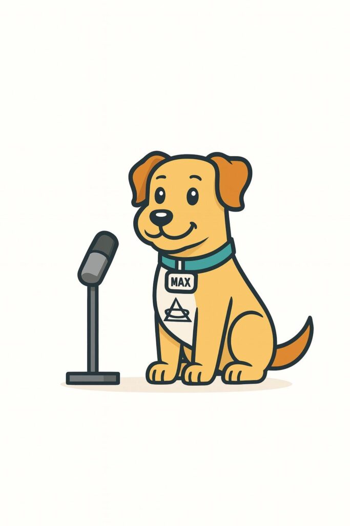 Max het equal recruitment mascotte hondje. Zit voor een microfoon met een shirt met logo en een halfbad met zijn naam.